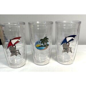 Set Of 3 Tervis Insulated Plastic Tumblers With Beach & Umbrella Designs
